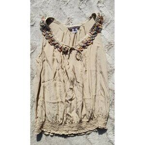 Pippa Beige Colorful Beaded Collar Sleeveless Silk